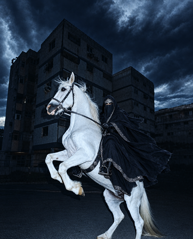 Masked rider in dark hooded cloak, white horse rearing