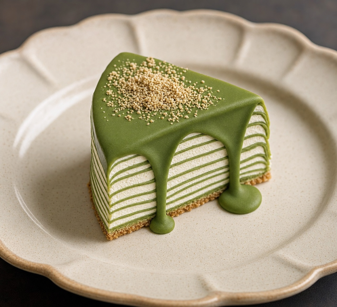 Matcha crepe cake slice with sesame crumb