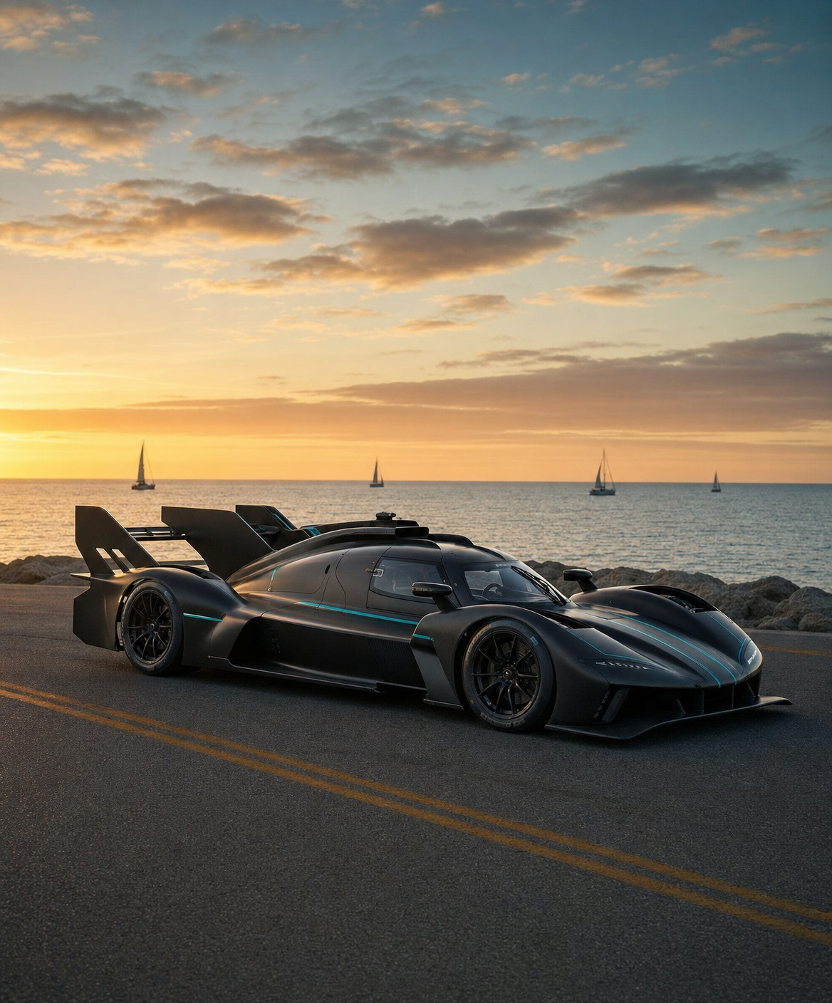 Matte black and teal race car on coast