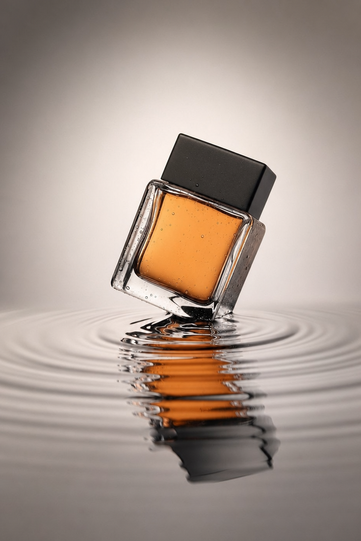 Matte-black capped cologne in water