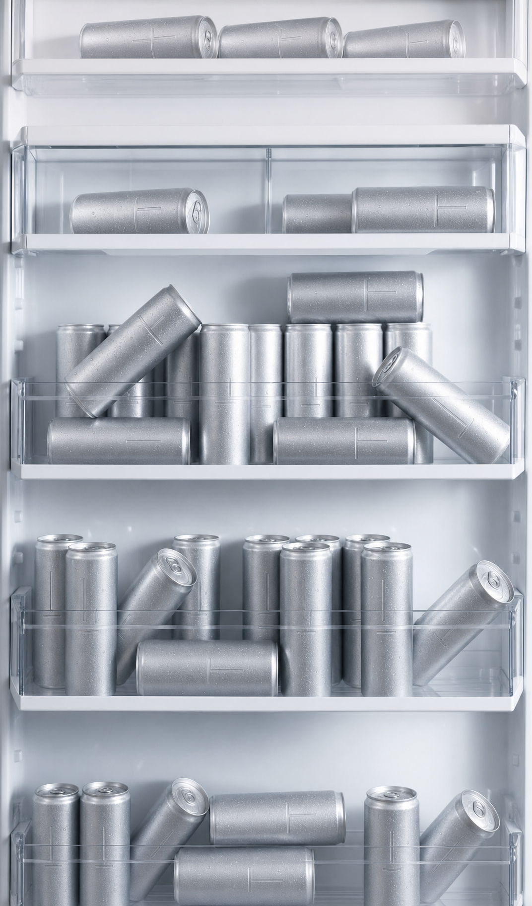 Matte silver cans in bright fridge