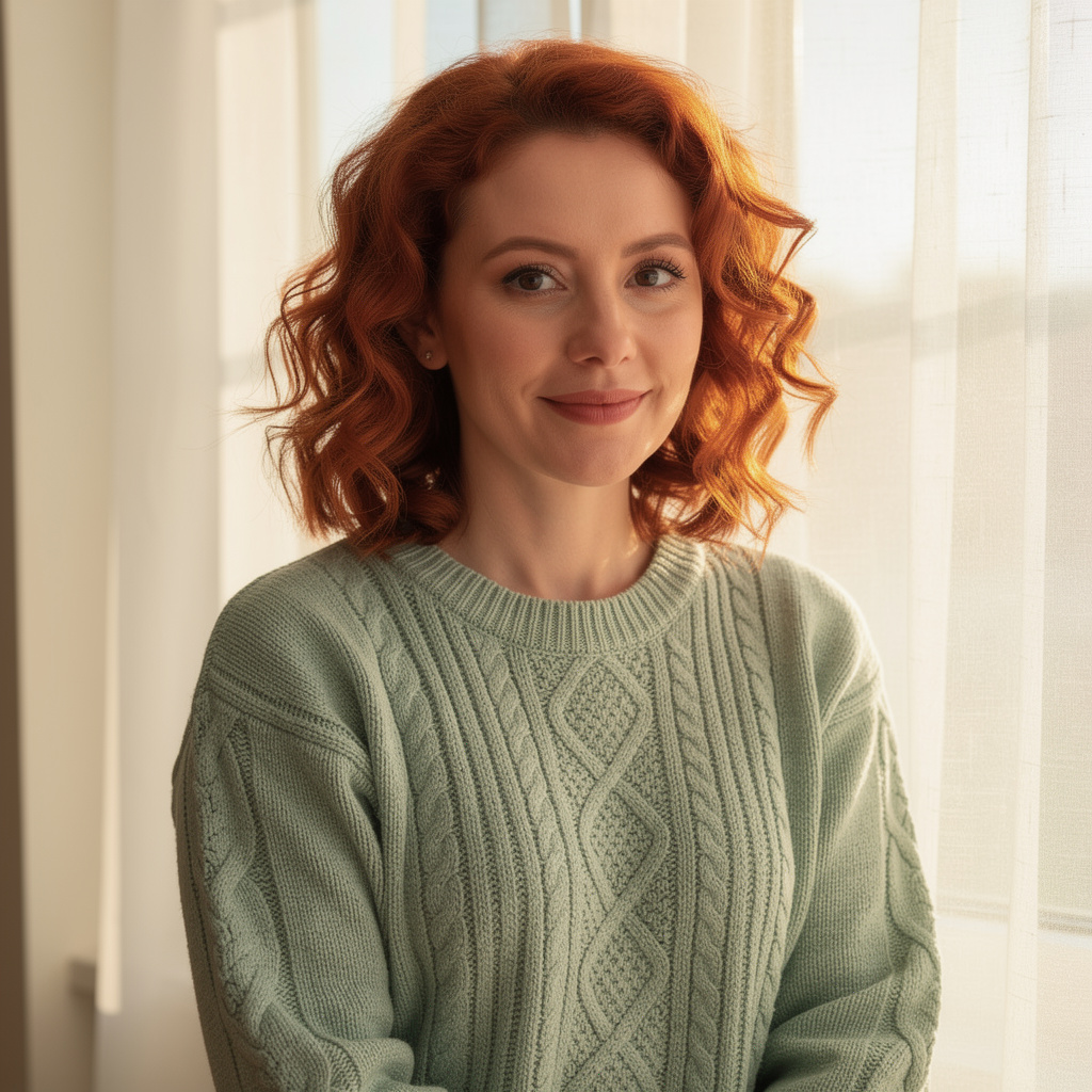 Mature Woman in Sage Green by Window Light