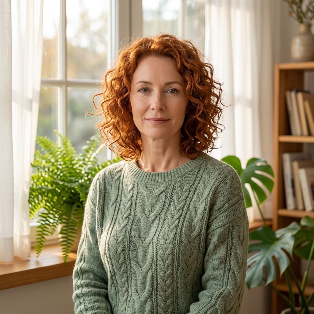 Mature Woman in Sage Green by Window Light