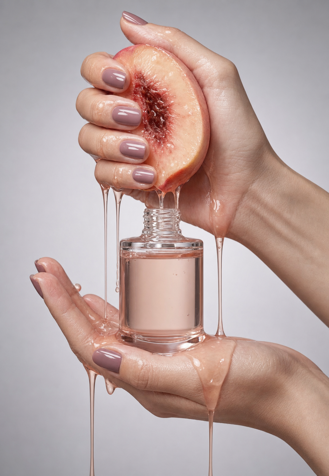 Mauve-manicured hands with peach serum