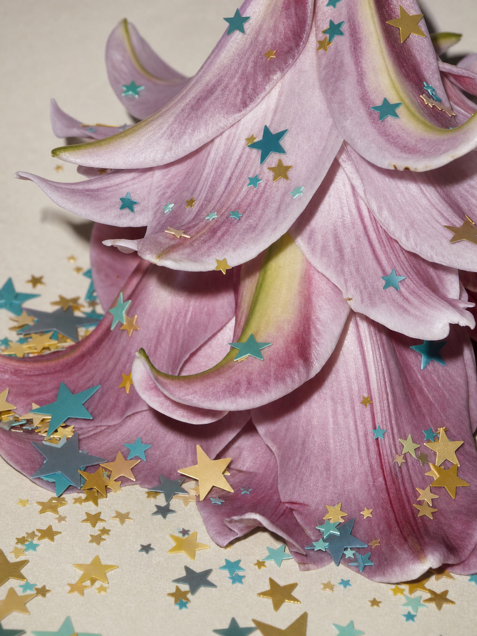 Mauve petals with teal-gold confetti