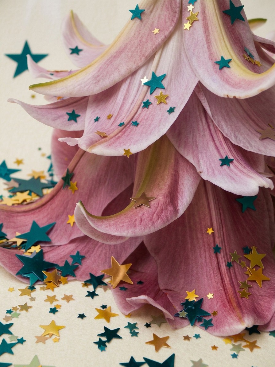 Mauve petals with teal-gold confetti