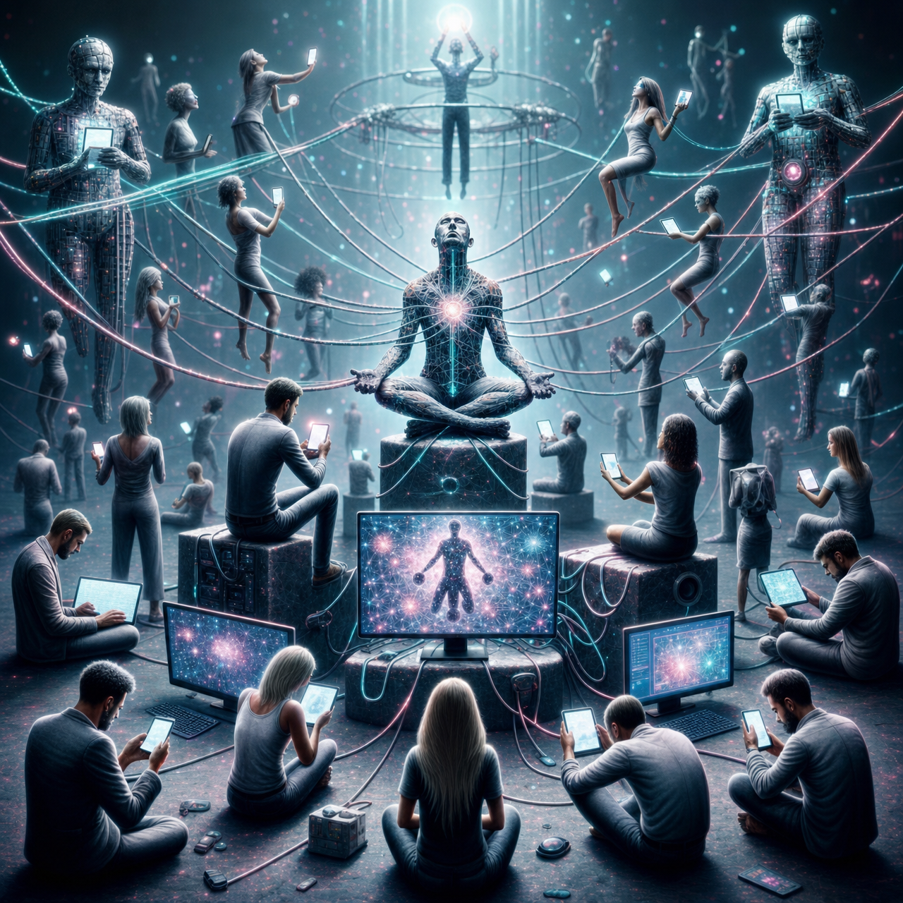 Meditating Human Linked to Teal Device Network