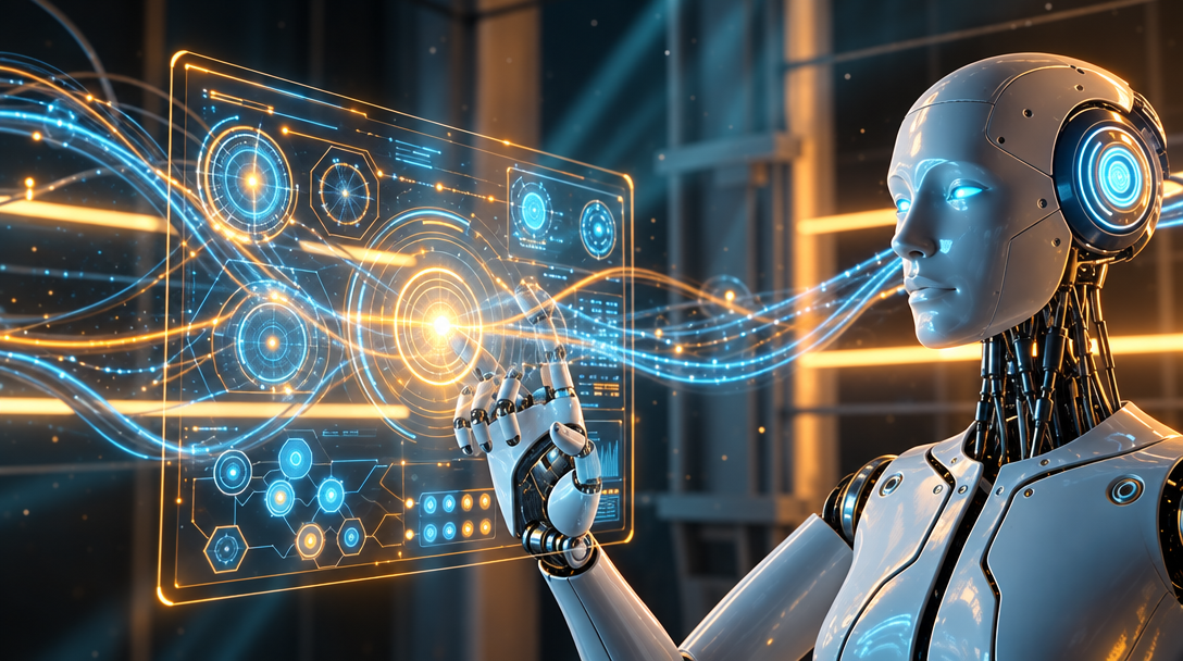 Metal Humanoid Robot With Amber-Teal Hologram