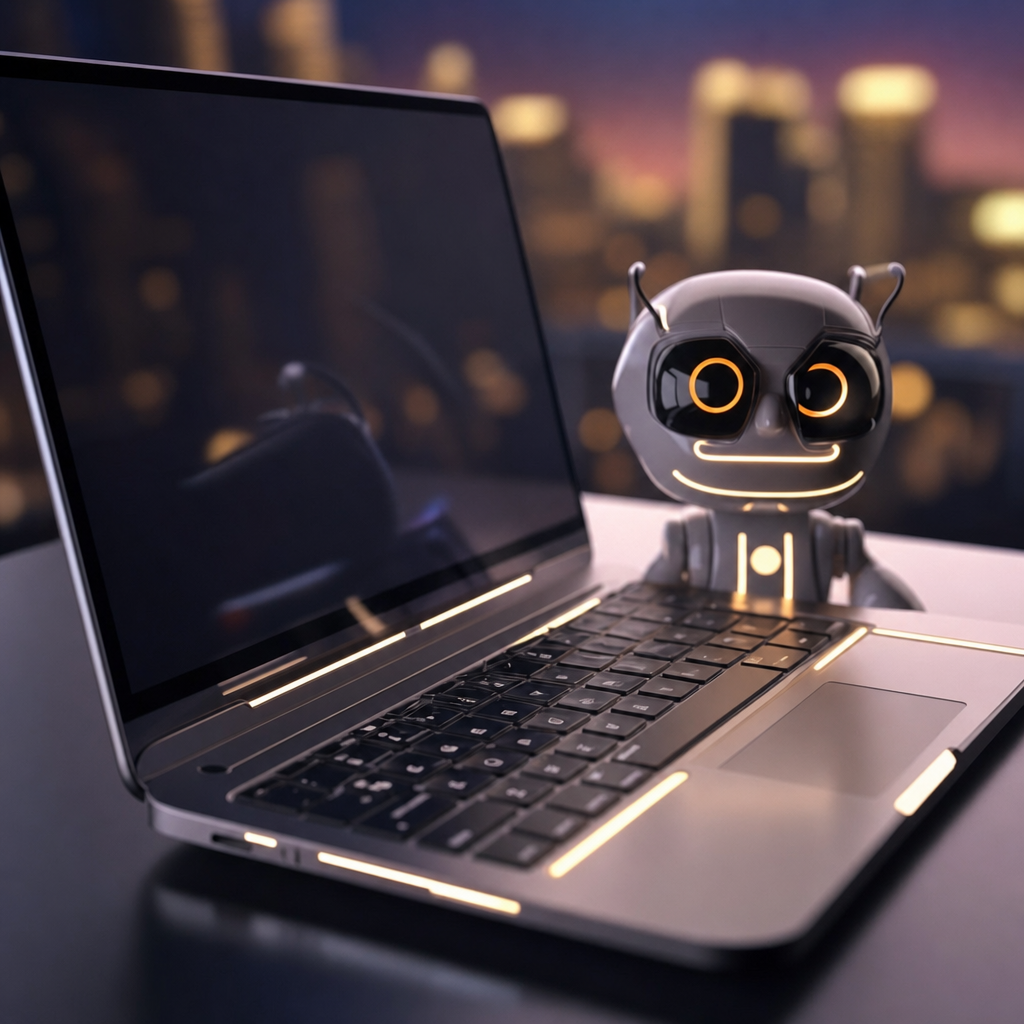 Metal Laptop with Amber Glowing Robot Assistant