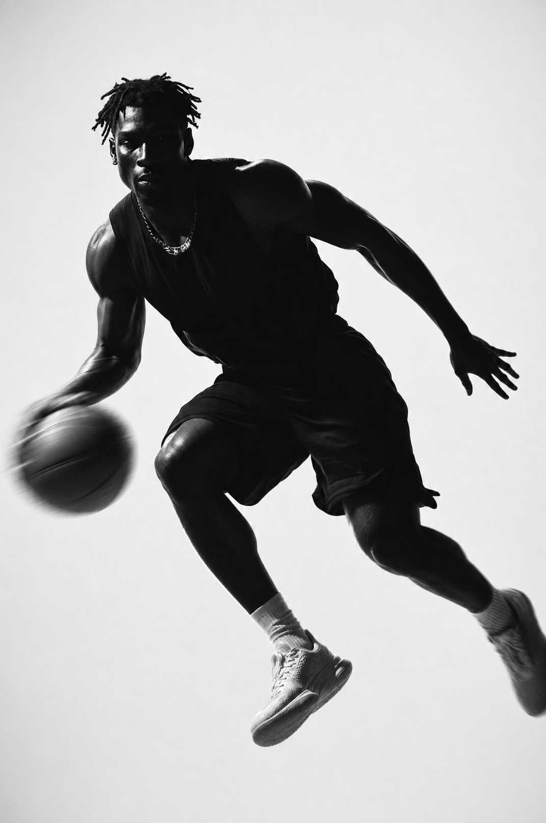 Mid-air Basketball Dribble Silhouette, Dramatic Rim Light