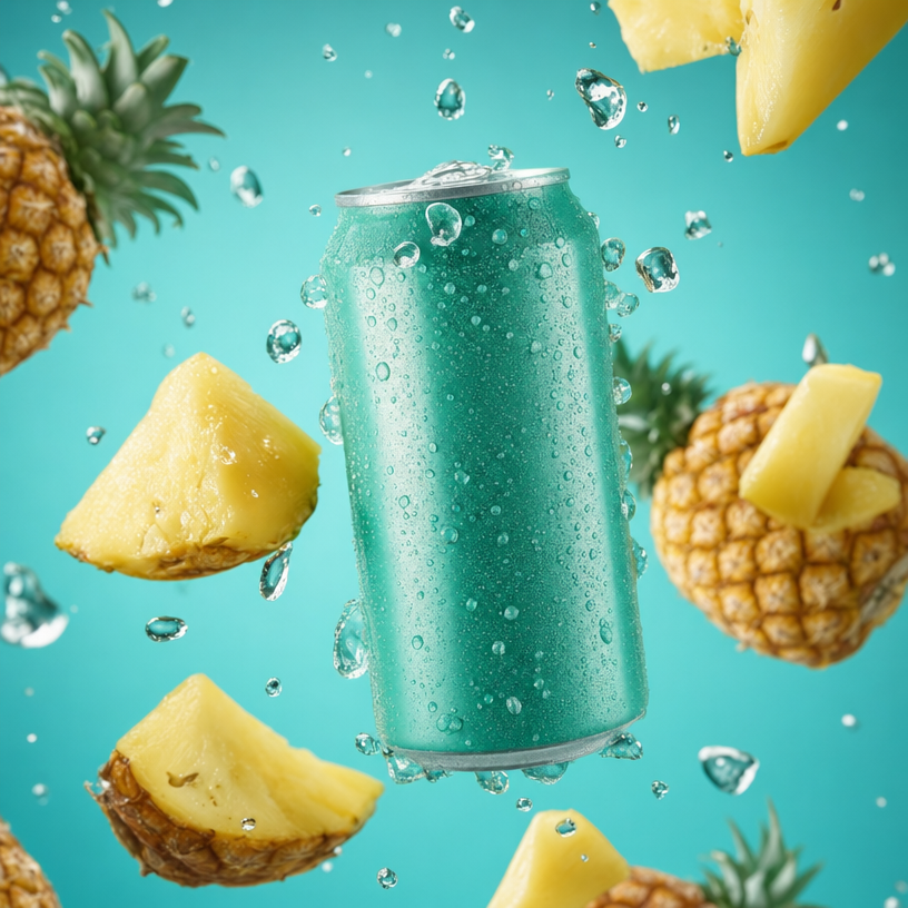 Midair teal pineapple soda can splash