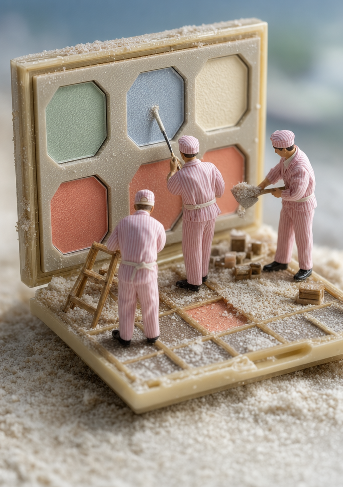 Mini workers painting pastel eyeshadow