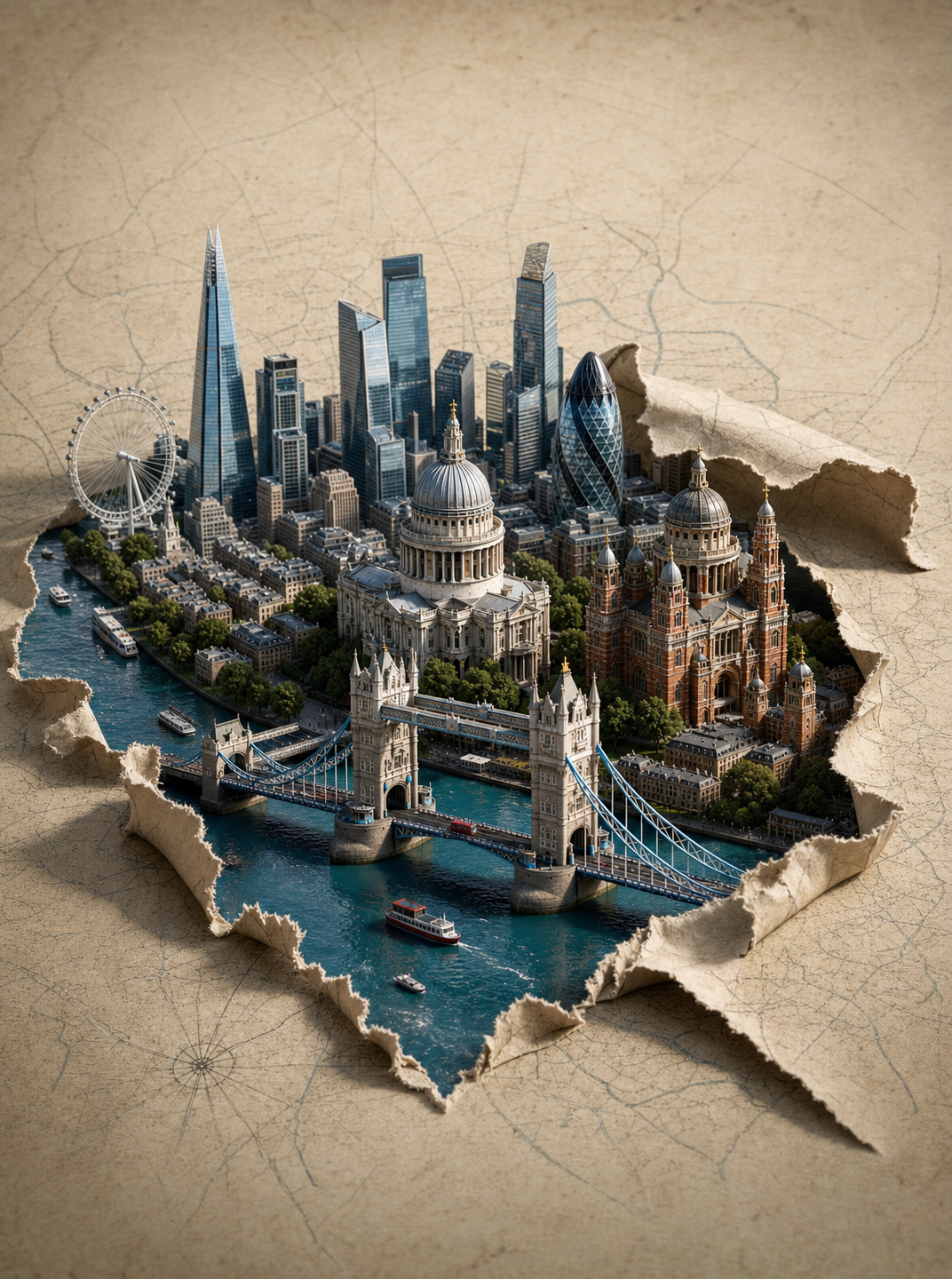 Miniature London Skyline From Torn Antique Map