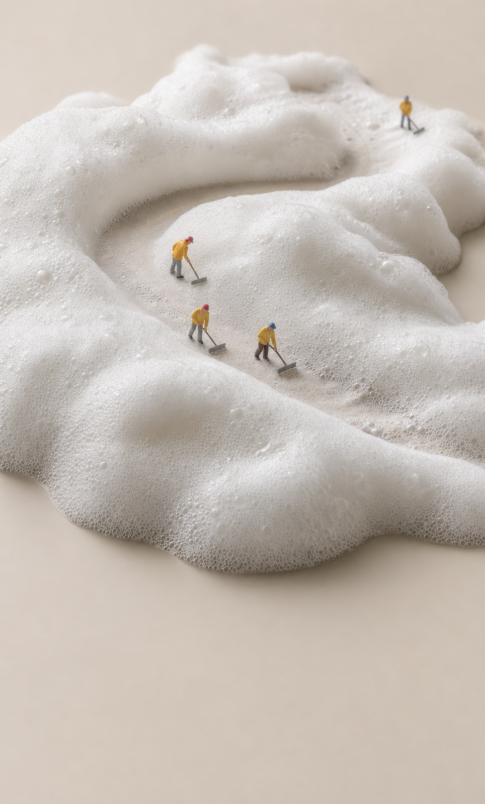 Miniature people scraping foam on beige background