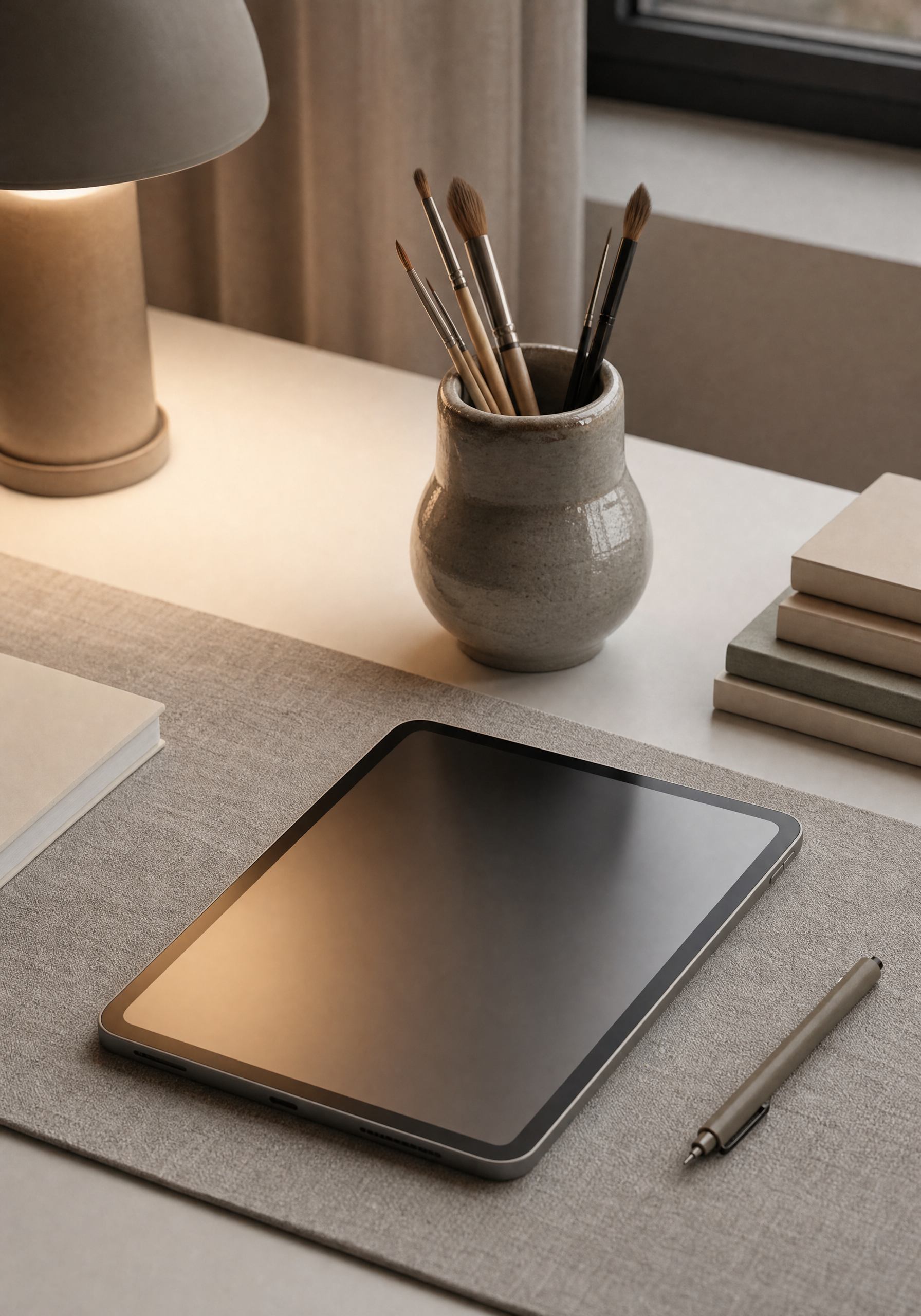 Minimalist creative desk with art supplies