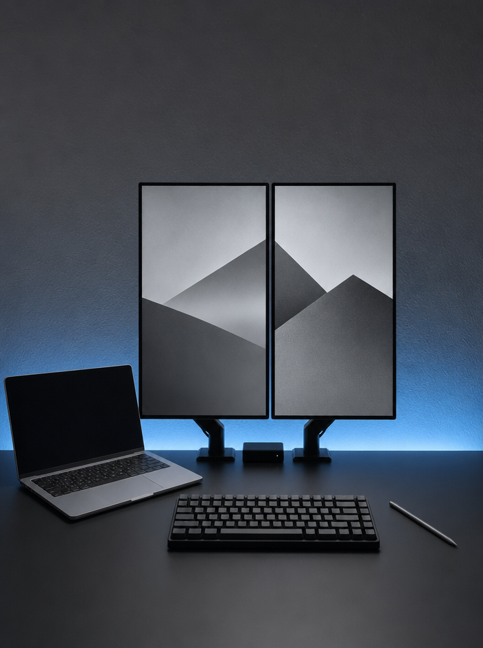 Minimalist Dual-Monitor Workspace at Night