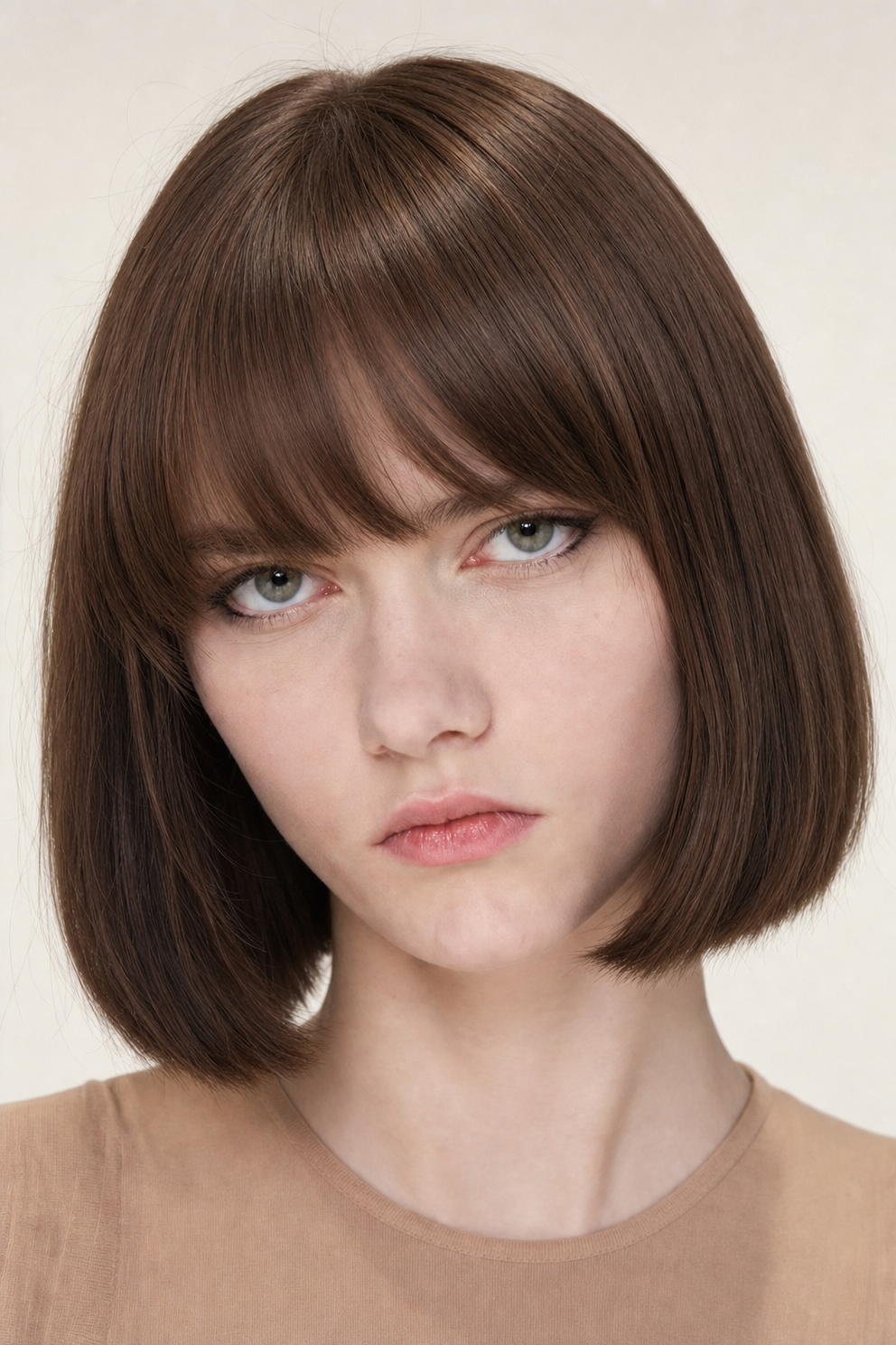 Minimalist editorial portrait, chestnut bob