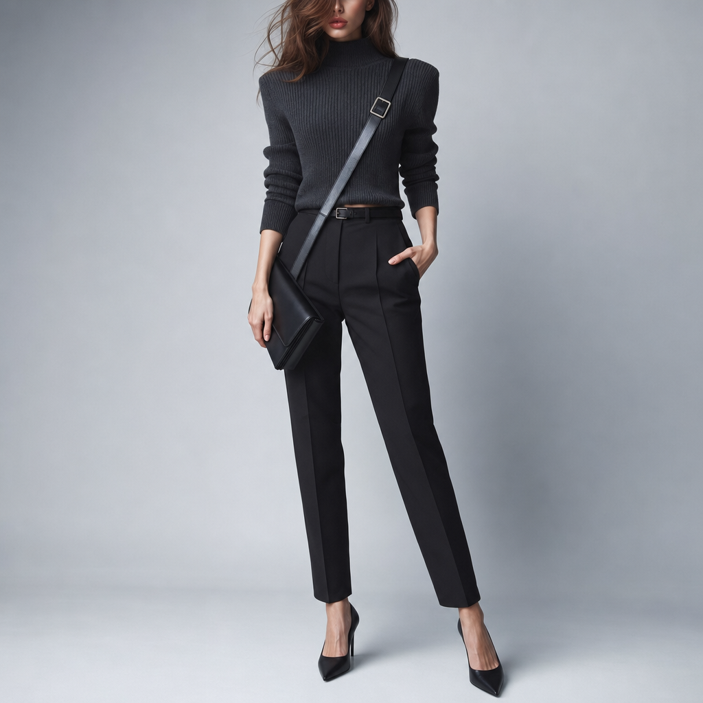 Minimalist studio look in charcoal and black