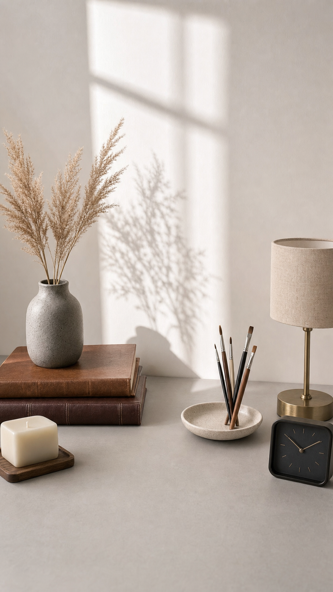 Serene grey desk with afternoon light