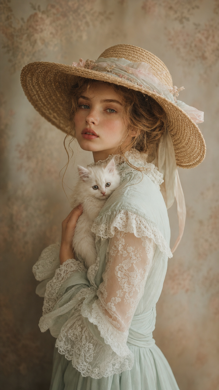 Mint vintage elegance with a white kitten
