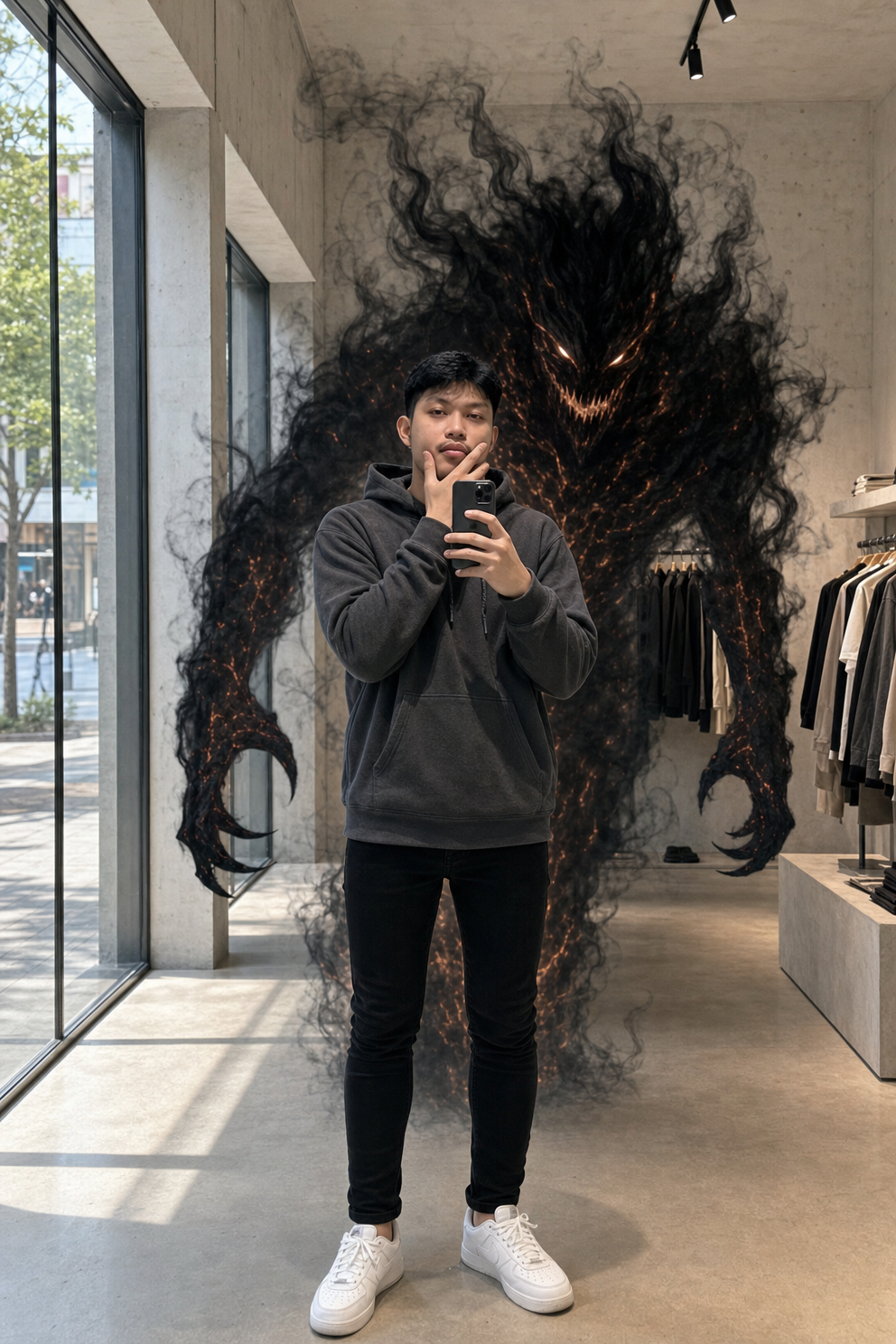 Mirror Selfie Amid Smoldering Demon