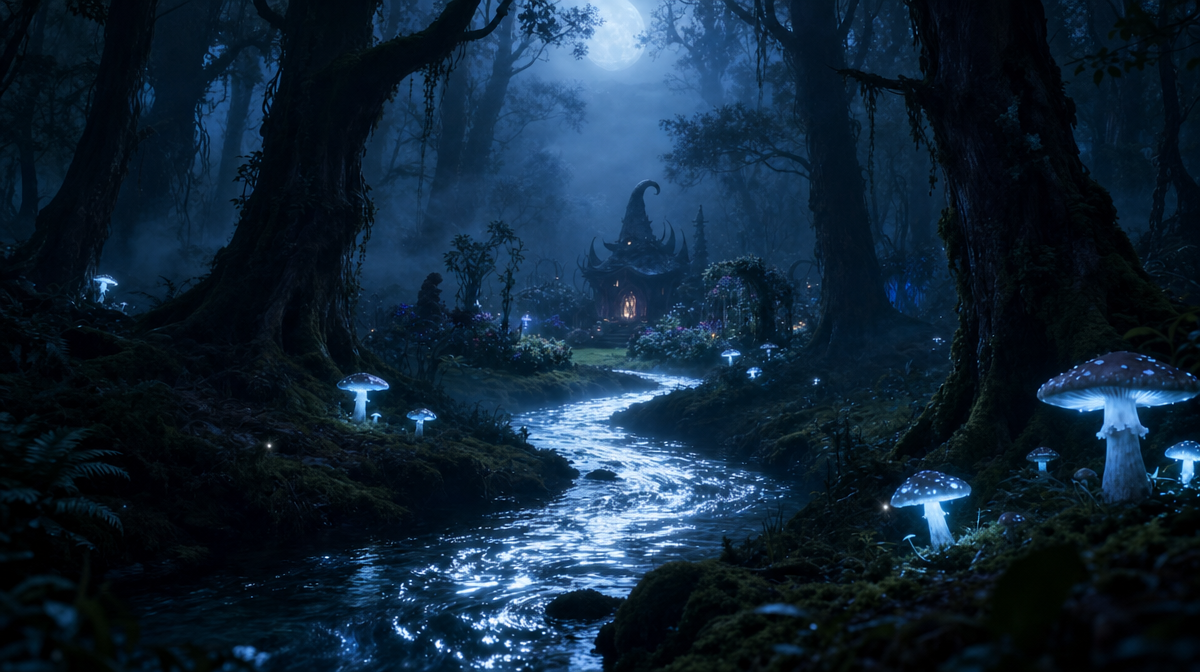 Misty forest stream toward glowing fairy cottage
