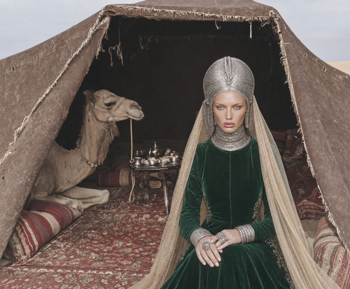 Model in emerald velvet gown with silver veil