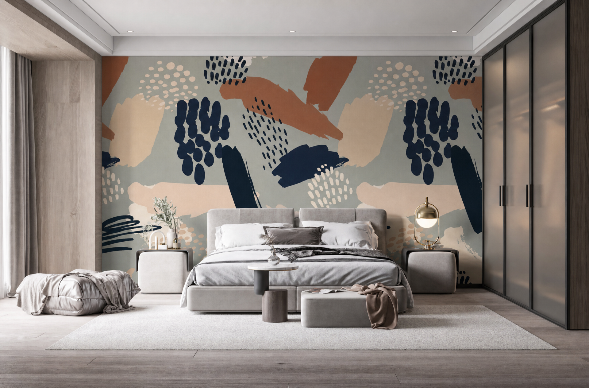 Modern bedroom with indigo abstract mural wall
