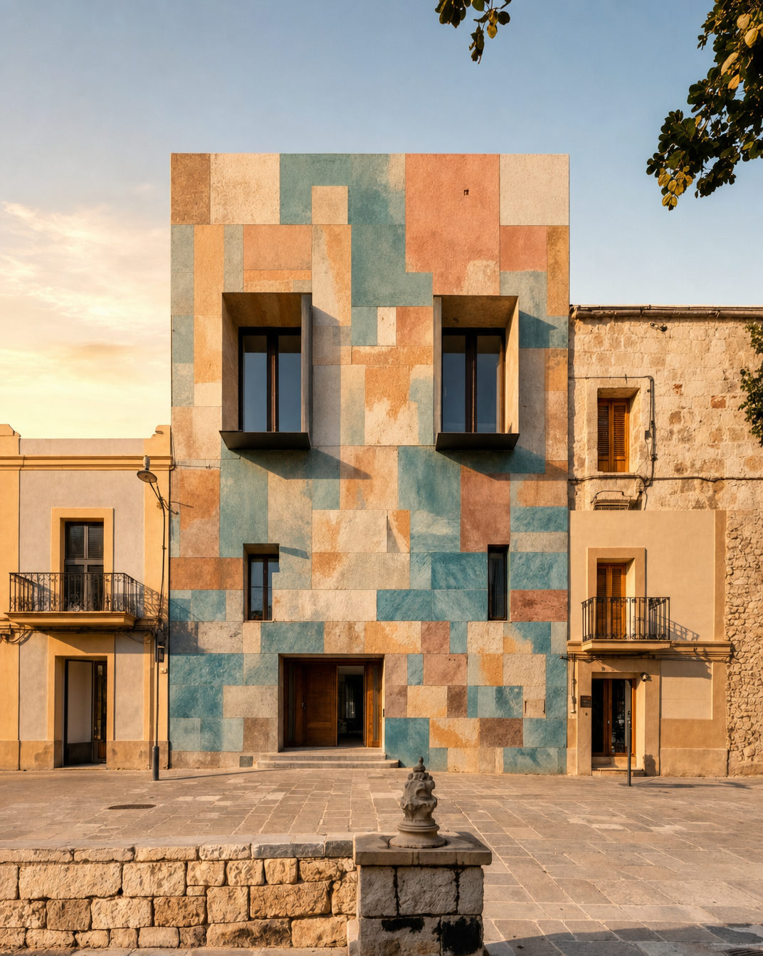 Modern facade with teal coral mosaic windows