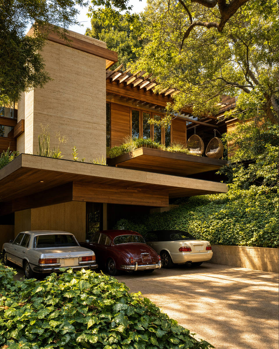 Modern hillside house in lush greenery