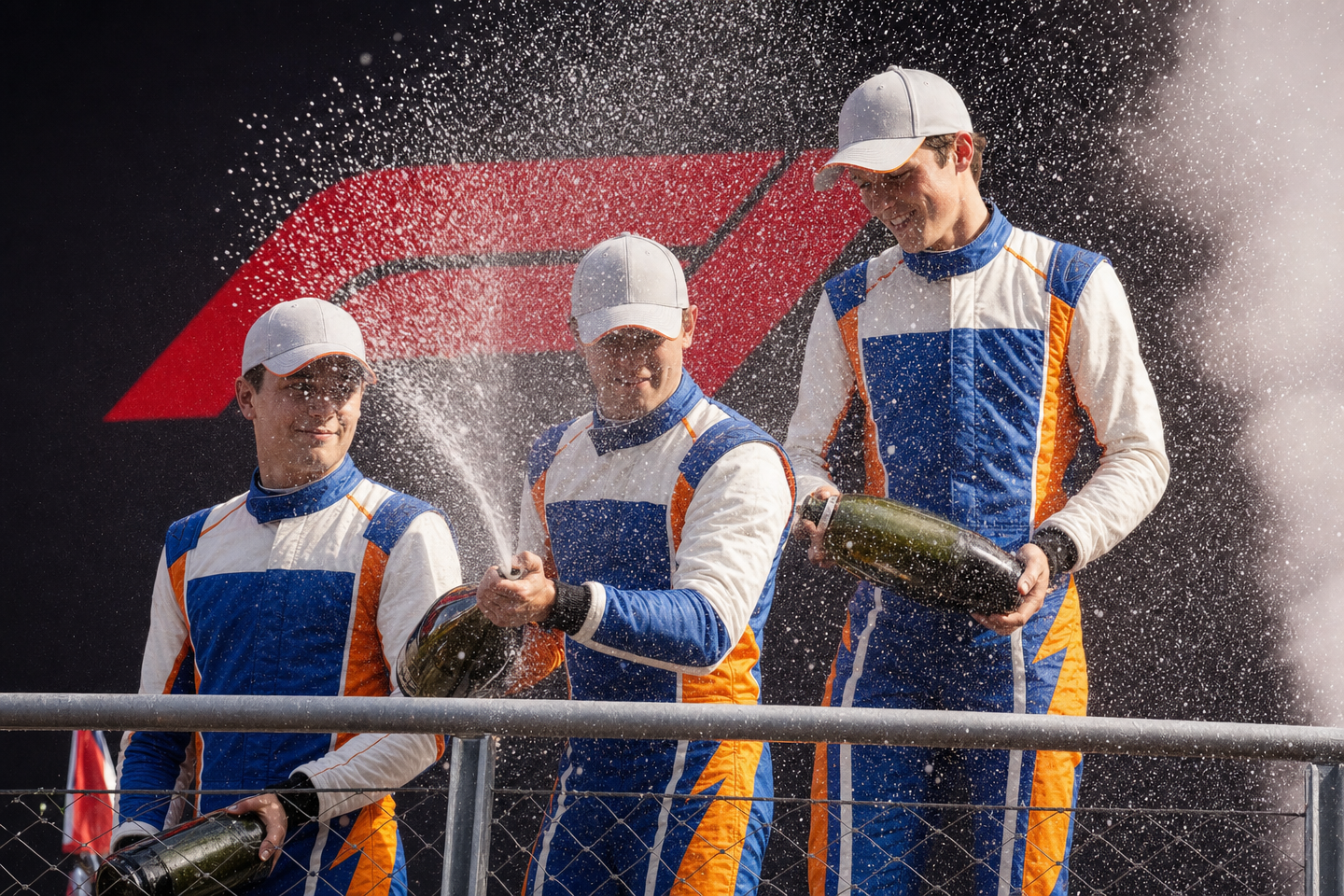 Monza podium cheers in blue suits