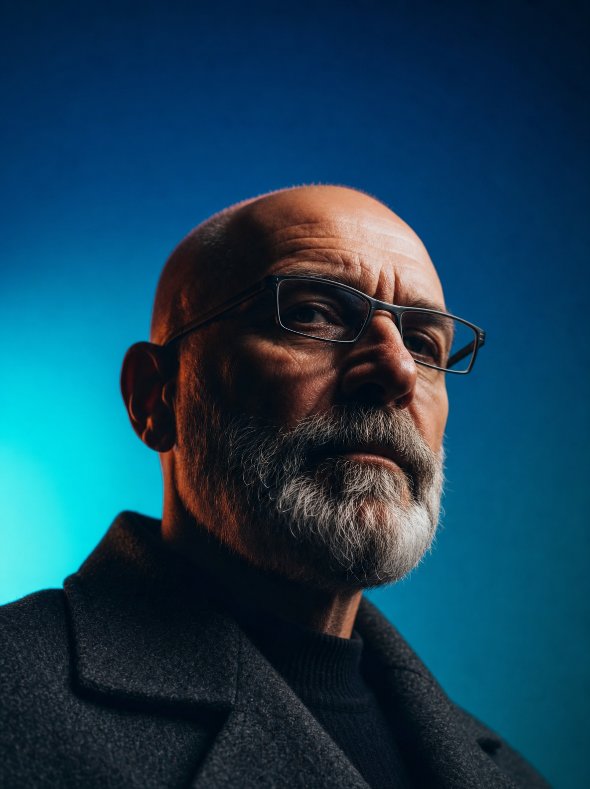 Moody blue-lit portrait of older man