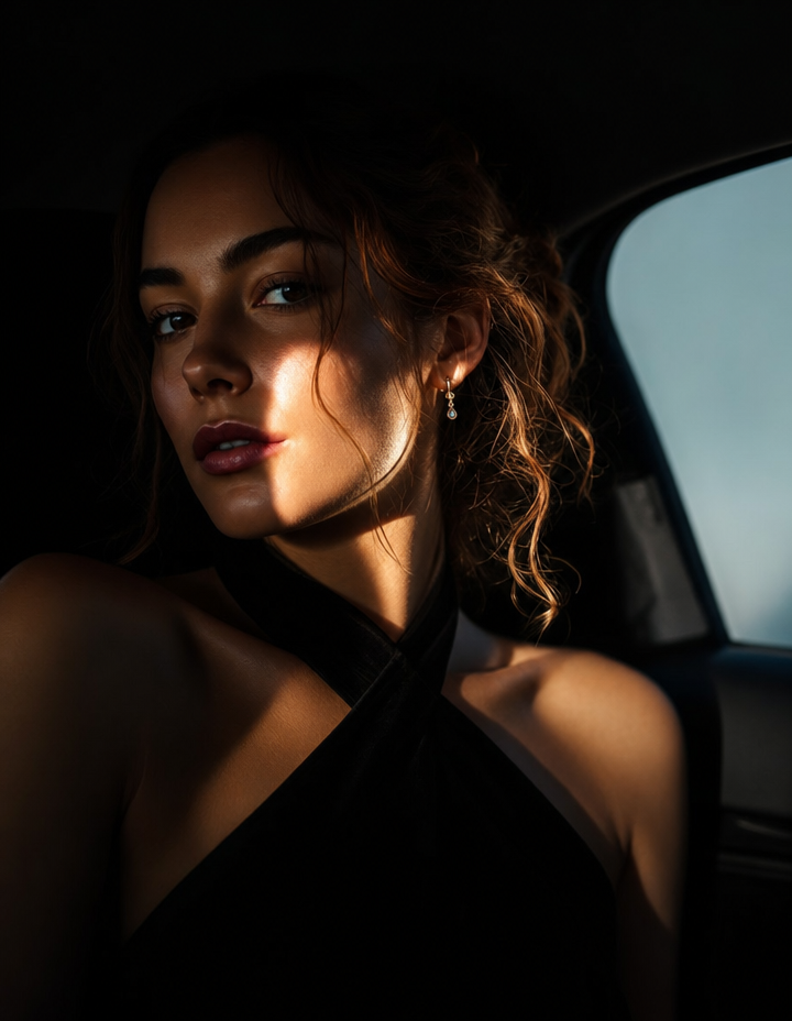 Moody car portrait with auburn hair