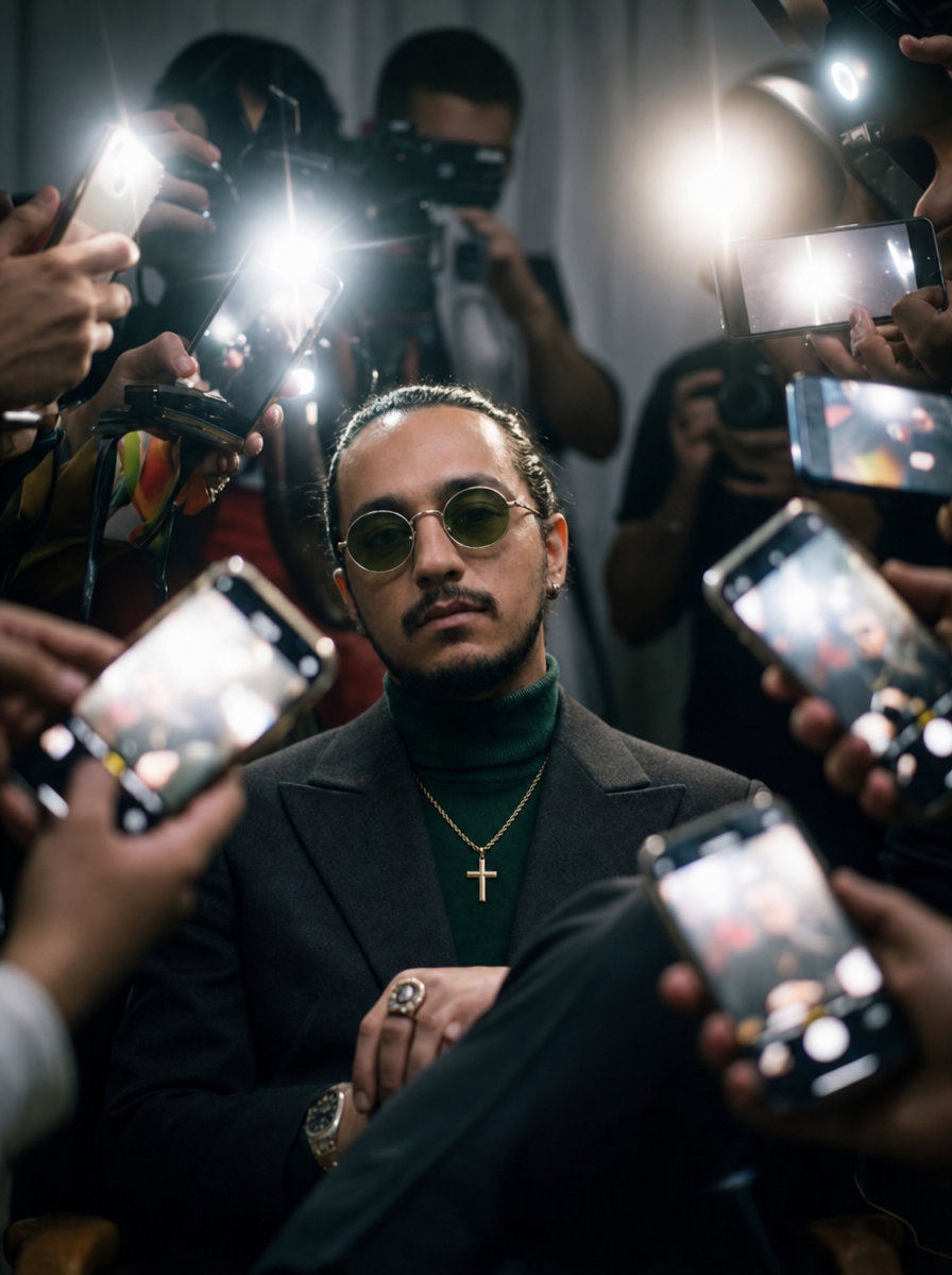 Moody celebrity with flash-lit crowd