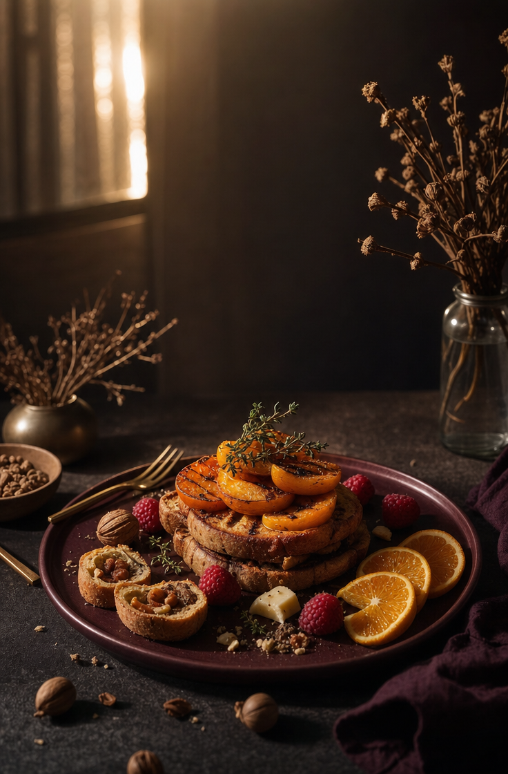 Apricot Toast with Burgundy Plate Arrangement