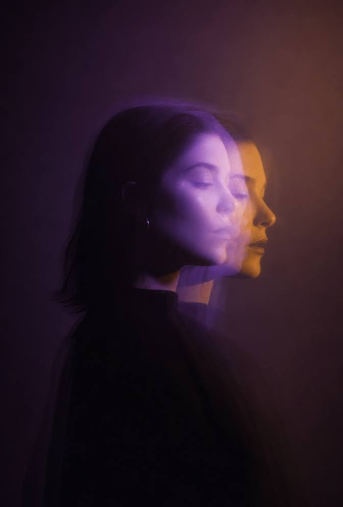 Moody double-exposure side profile