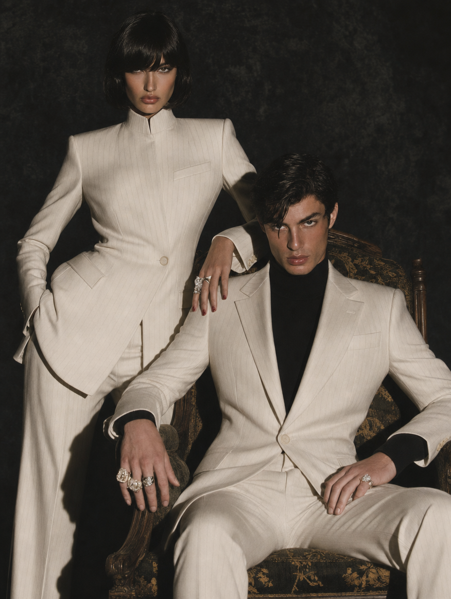 Moody Editorial Duo in Off-White Suits