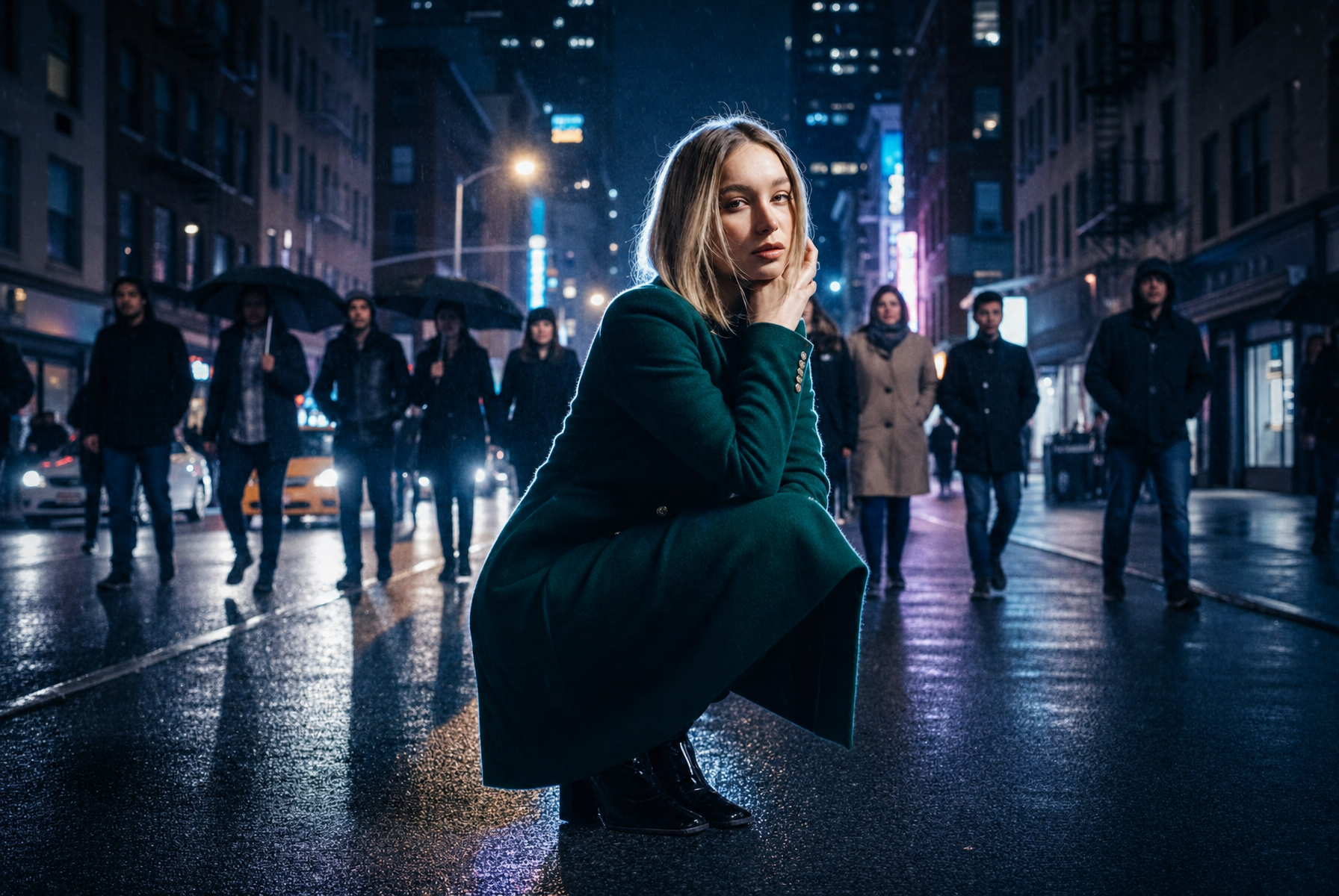 Moody Editorial Fashion in Rain Night