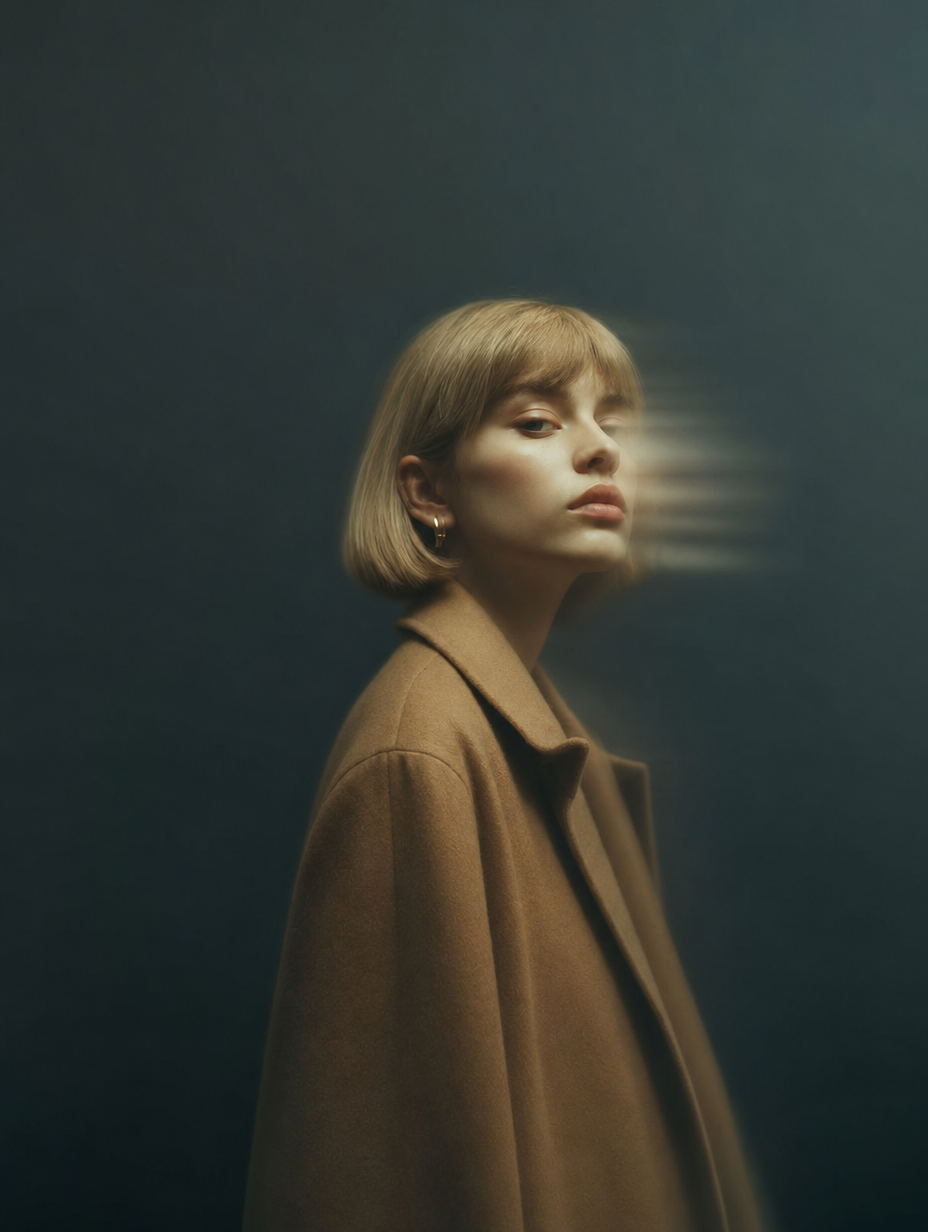 Moody editorial portrait in slate blue