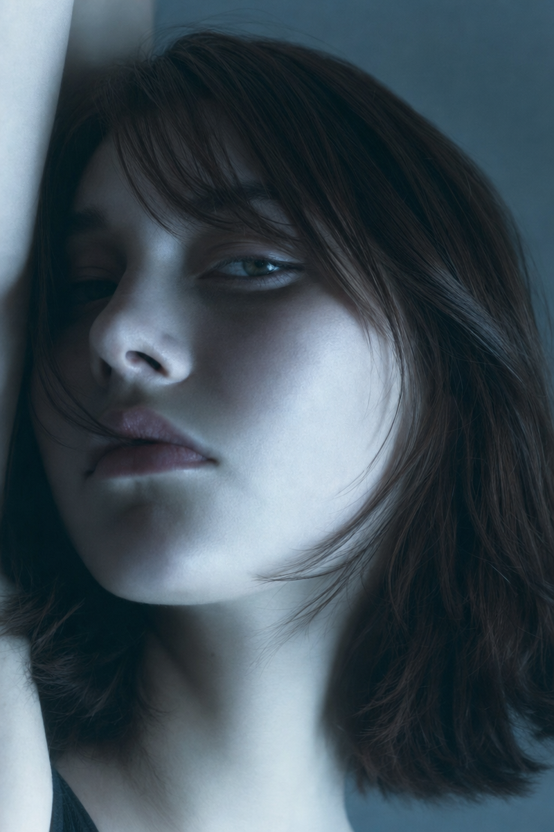 Moody editorial portrait with blue-gray light