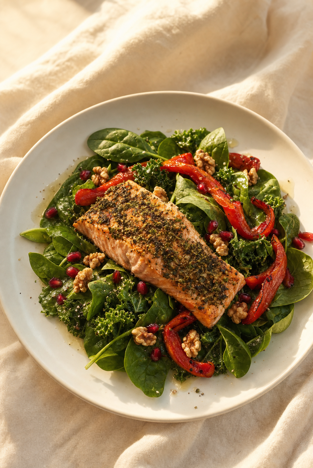 Herb Salmon with Roasted Peppers and Pomegranate
