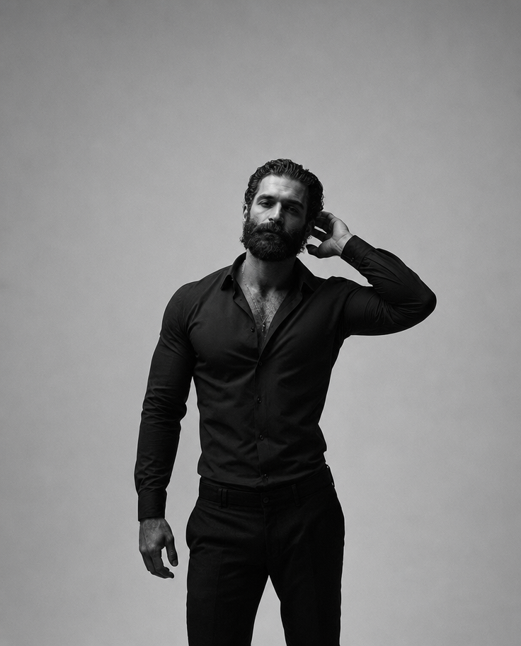 Moody monochrome editorial studio portrait