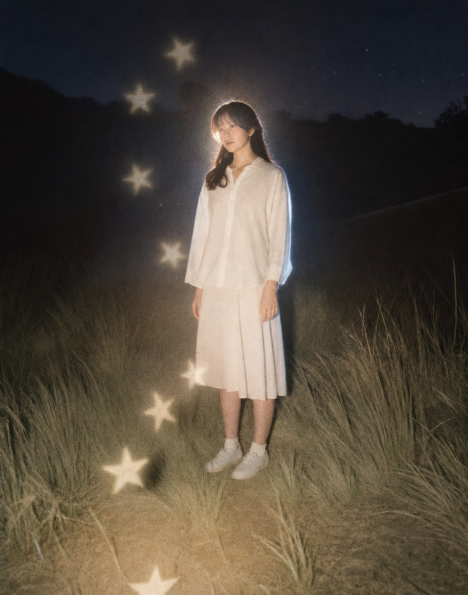 Moody night flash portrait in grass