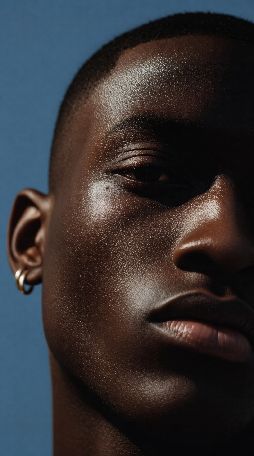 Moody side-lit editorial close-up portrait