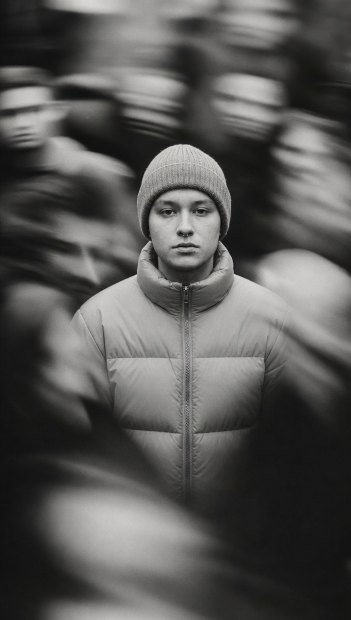Moody Stillness in a Blurred Crowd