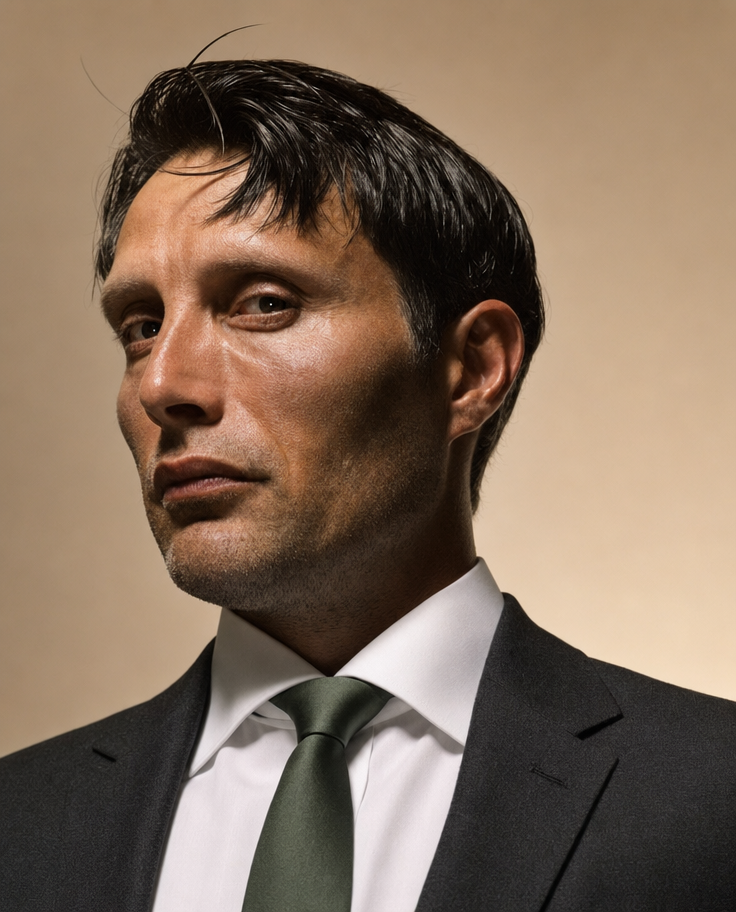 Moody Studio Portrait in Charcoal Suit