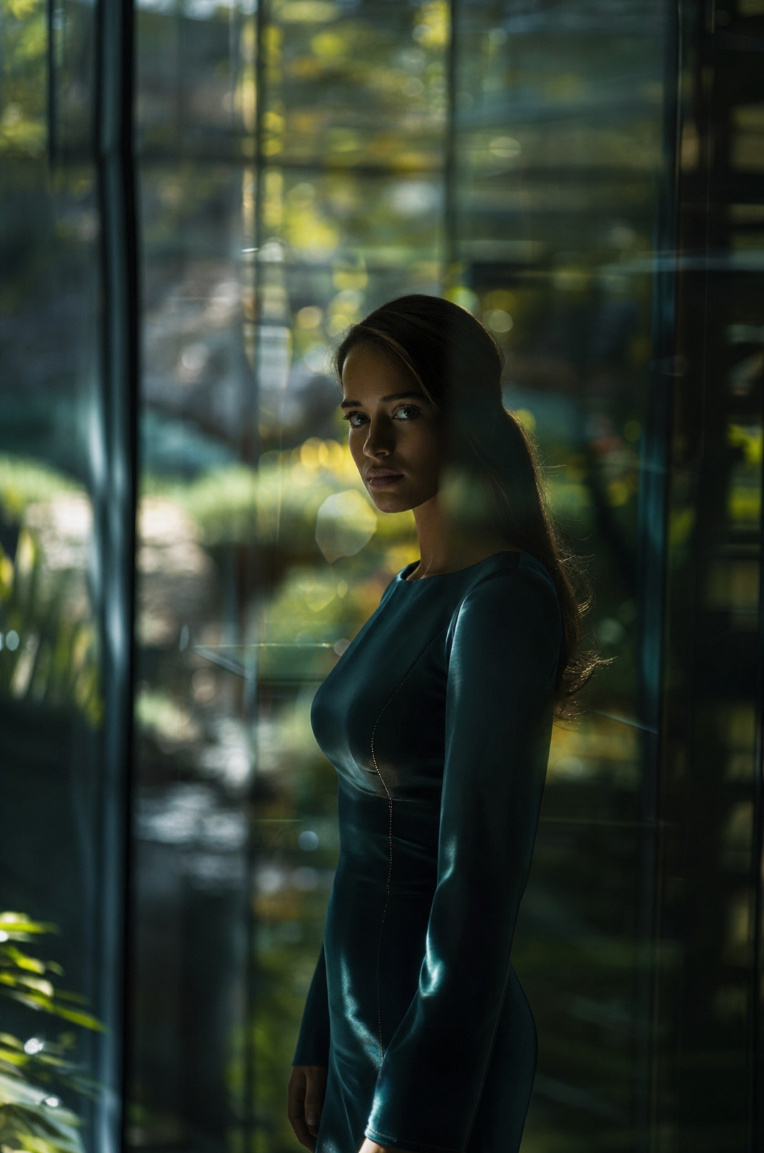 Moody teal satin portrait by glass