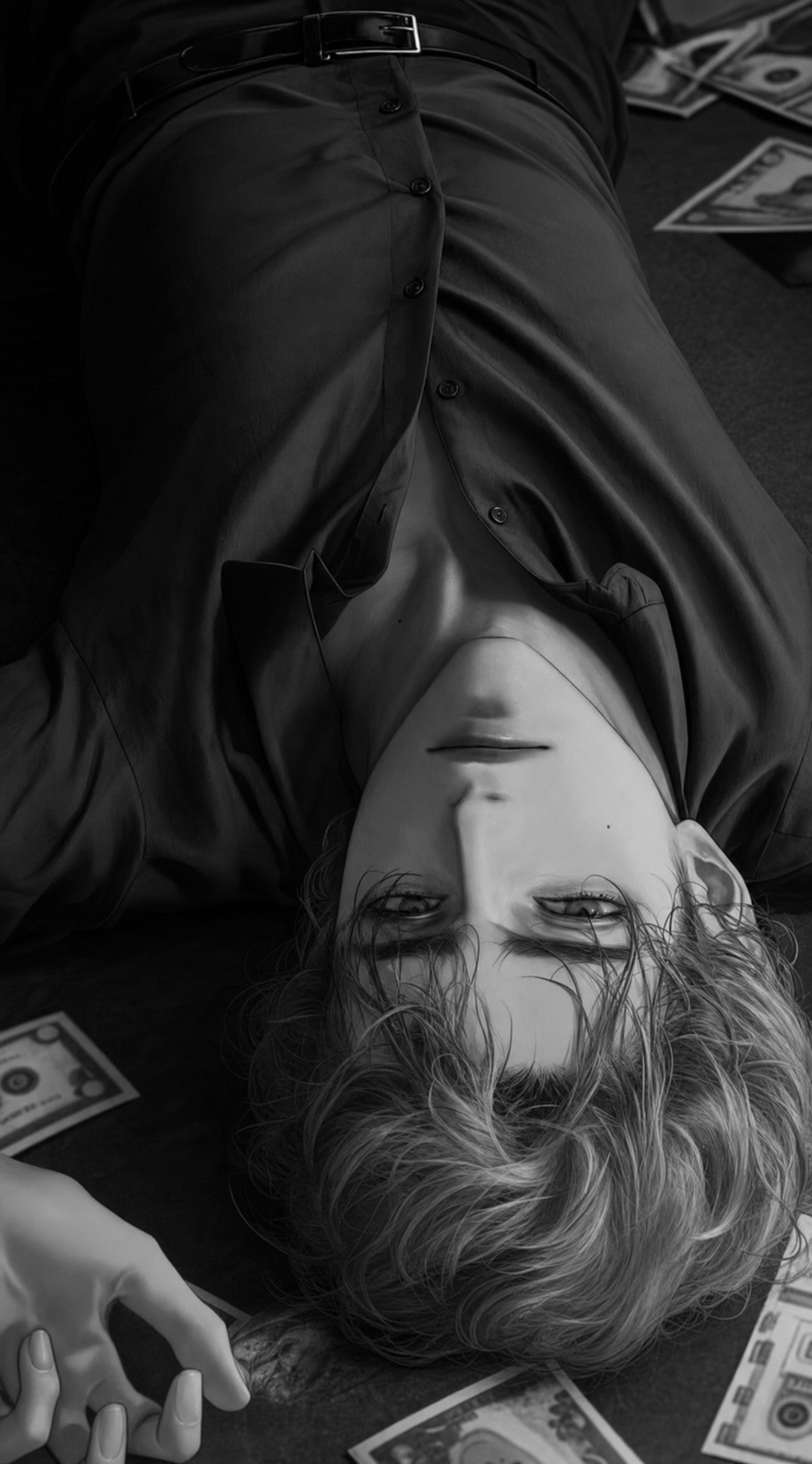 Moody upside-down portrait with banknotes
