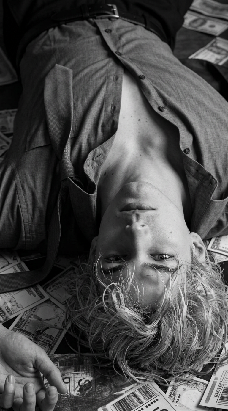 Moody upside-down portrait with banknotes
