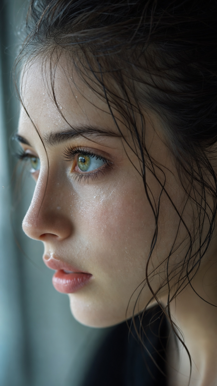 Moody wet-updo profile portrait